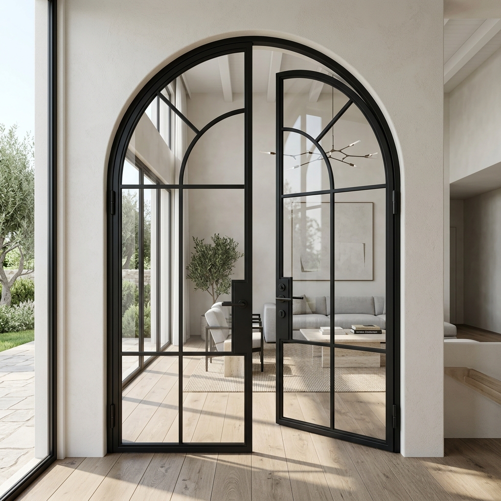 Modern Apartment French Design Double Door Half-Moon Arch Aluminum Glass Doors for Living Room Bedroom Kitchen Bathroom Storage