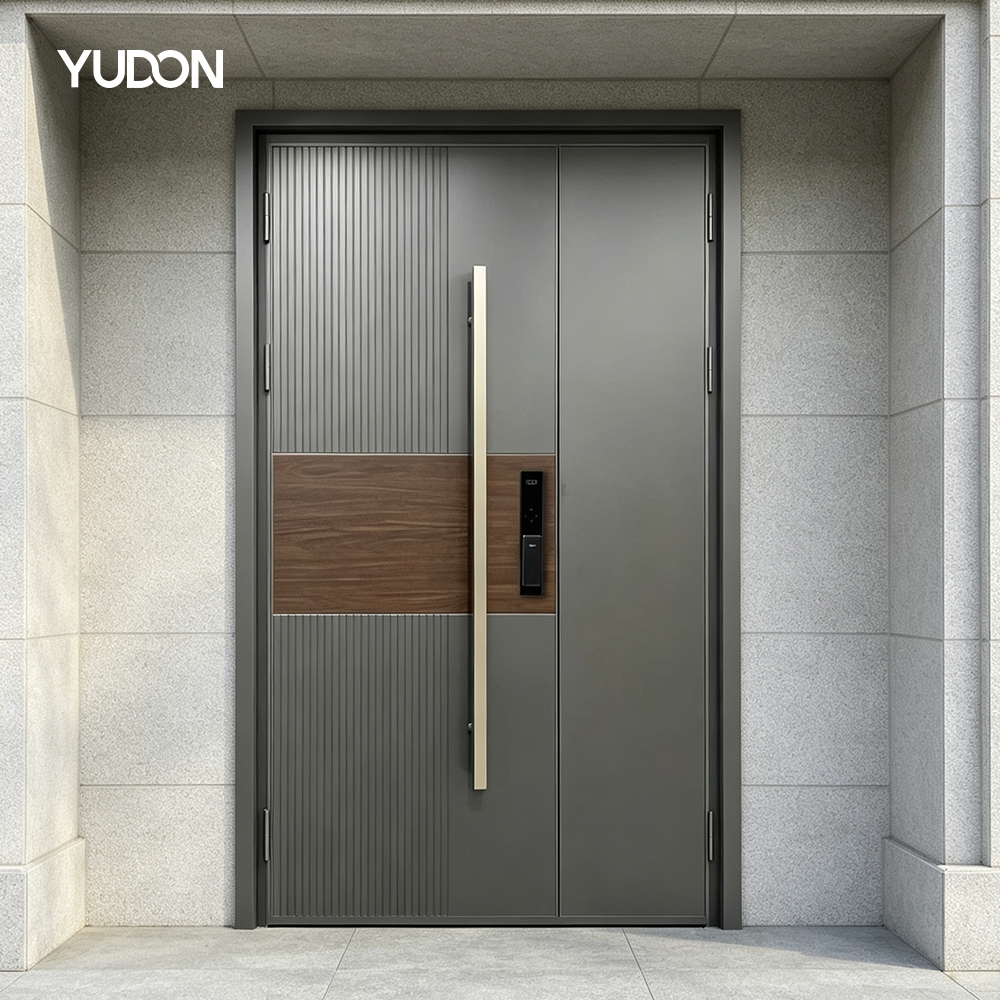 YUDON DOOR Aluminium Armored Door Reinforced Entry Door with Wood Grain Panel Anti Rust Hurricane Proof for Luxury Home Projects