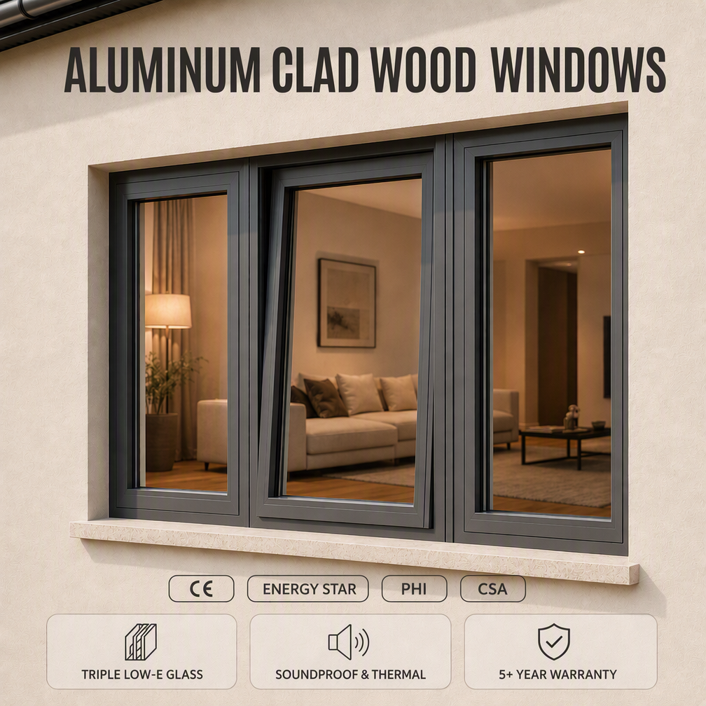 Passive House Window Aluminum Clad Wood Casement Double Glazed Argon Filled Low-E Glass PHI Certified for Apartment Projects