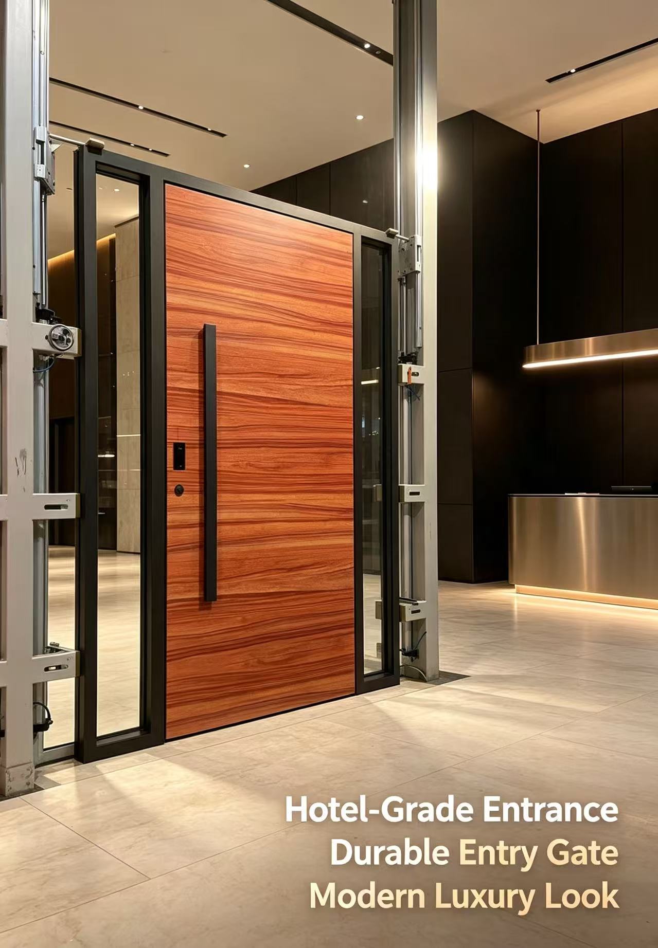 Modern European Design Wood-Grain Aluminum Pivot Entry Door Sidelight Glass Black Metal Frame Apartment Front Anti-Corrosion 5