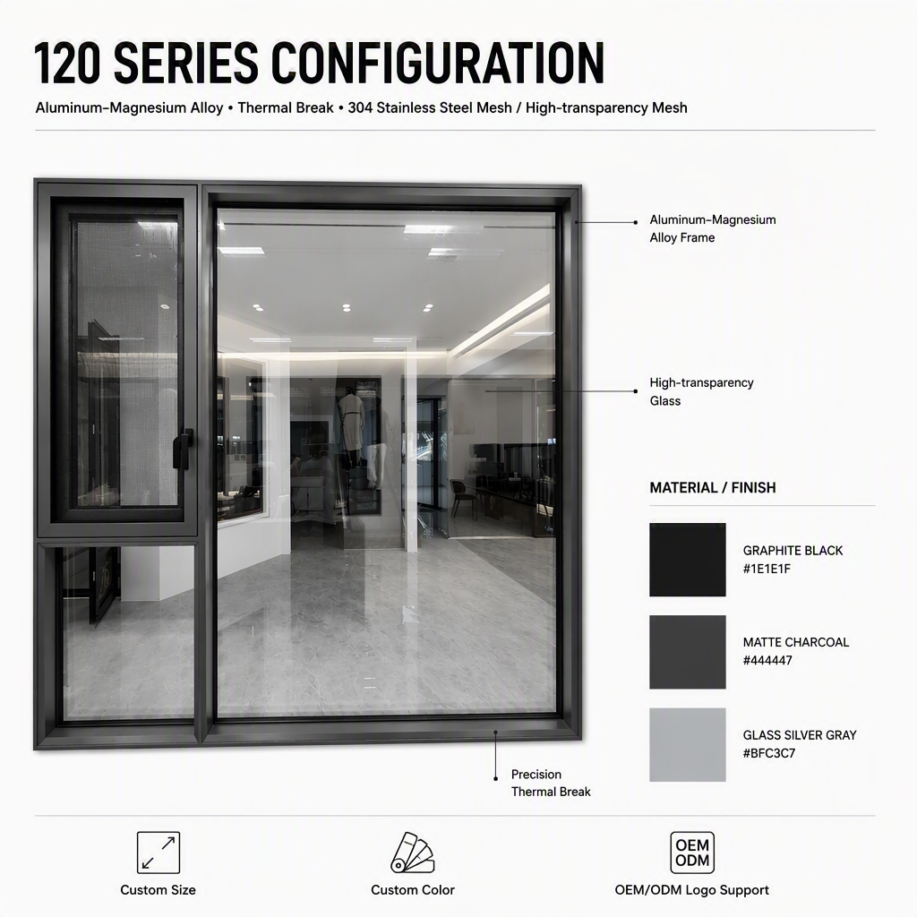 120 Series Casement Window Thermal Break Aluminum Magnesium Alloy Fixed Center Sash Double Side Opening Top Hung Inward Tilt