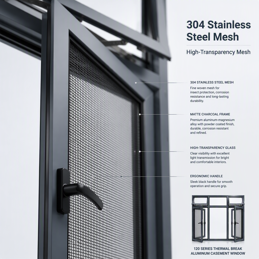 120 Series Casement Window Thermal Break Aluminum Magnesium Alloy Fixed Center Sash Double Side Opening Top Hung Inward Tilt