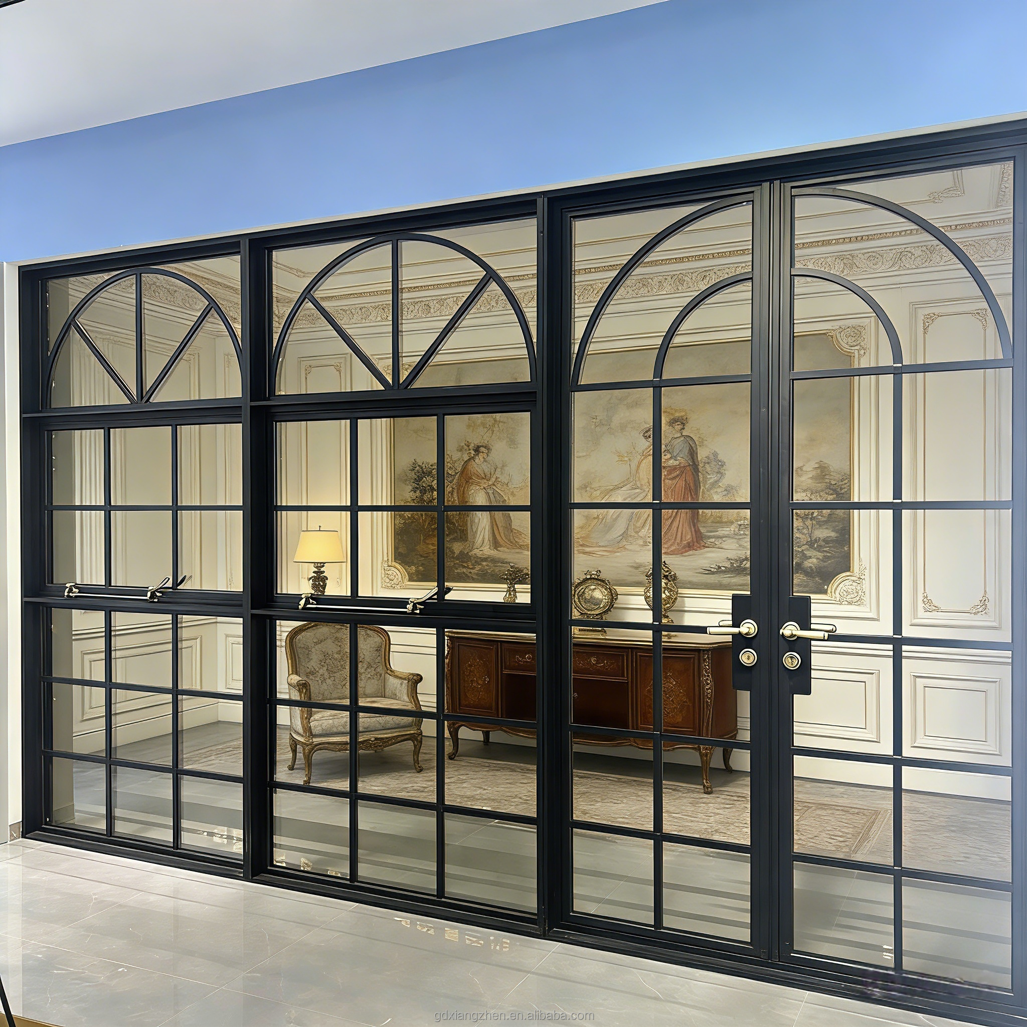 French Style Black Aluminum Double Door Grille Arched Top Design Energy Efficient Interior Casement Door for Villa Living Room