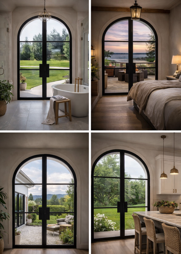 Customized Arched Aluminum Framed Swing Clear Glass Door Windproof Crittall Style Entrance Metal French Doors