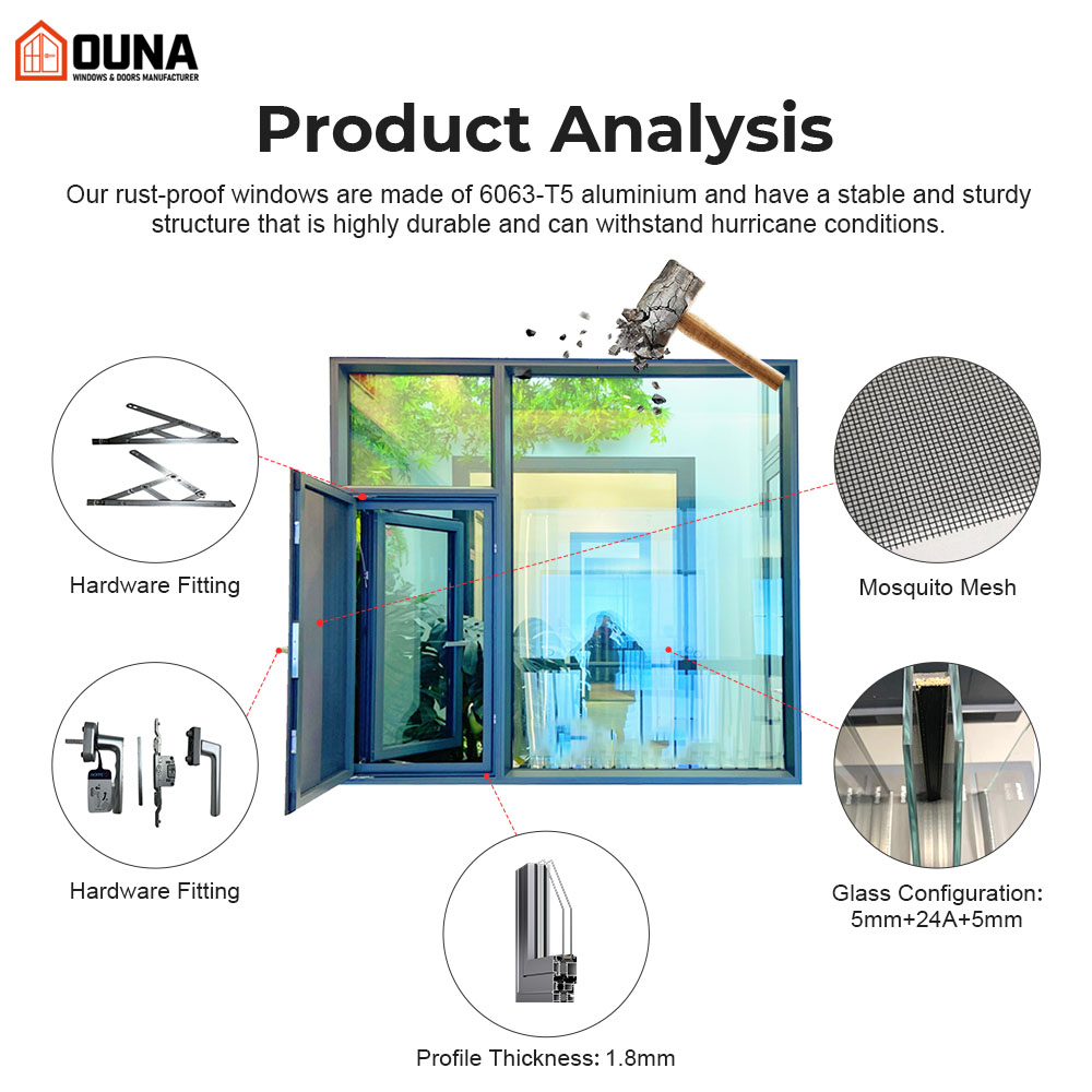 OUNA Custom Villa House Project Window&amp;Door Thermal Break Insulated Window Soundproof Double Glazed Aluminum Casement Windows
