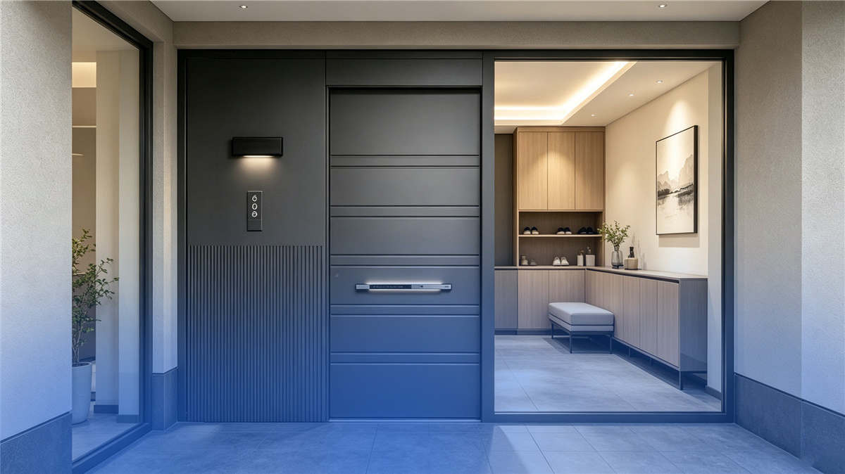 Modern aluminum entry door with slim profile for a custom home
