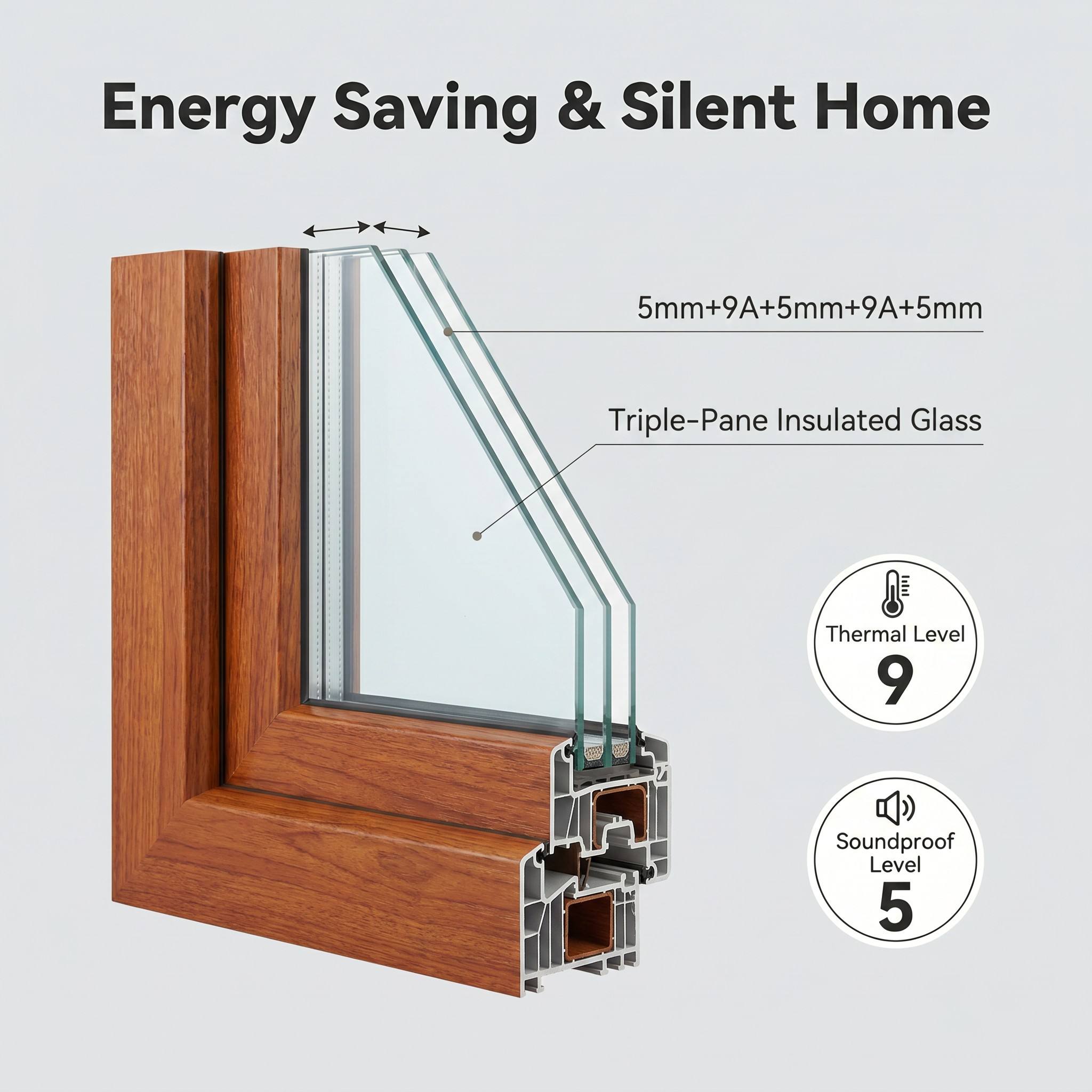 HUACAI North American Red Oak Aluminum Wood Composite Tilt and Turn Window 1.8mm Profile Triple Glazed Soundproof System Window