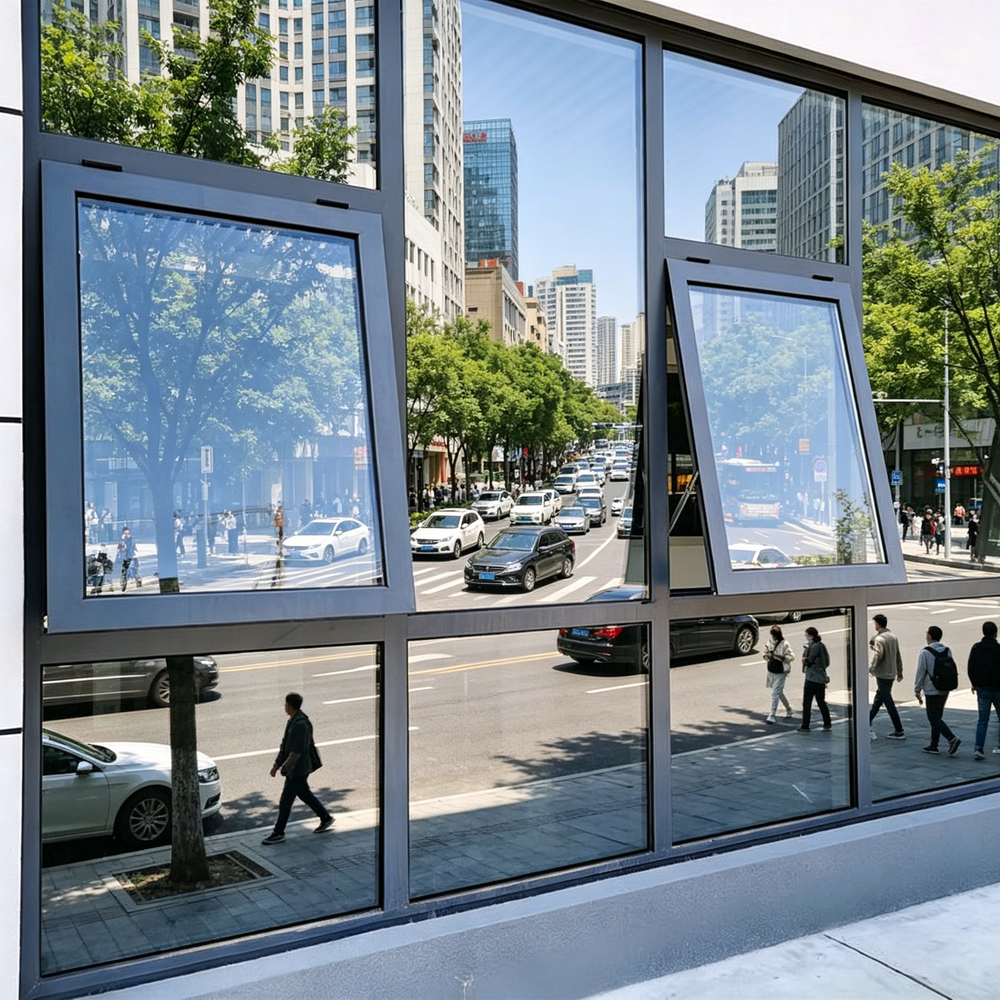 Window Aluminum Glass Slim Bevel Top Hung Modern Facade Anthracite Powder Coated Frame Windows