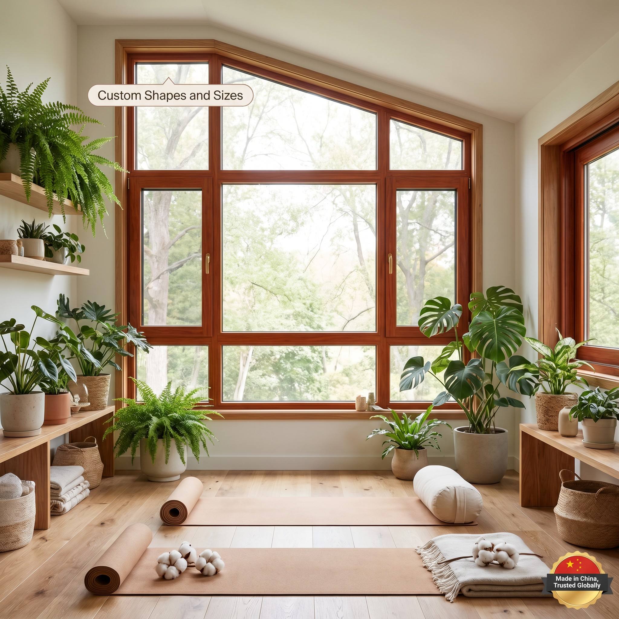 HUACAI Thickness Luxury Aluminum Wood Casement Window German Noto Hardware North American Red Oak Triple Glazed Apartment