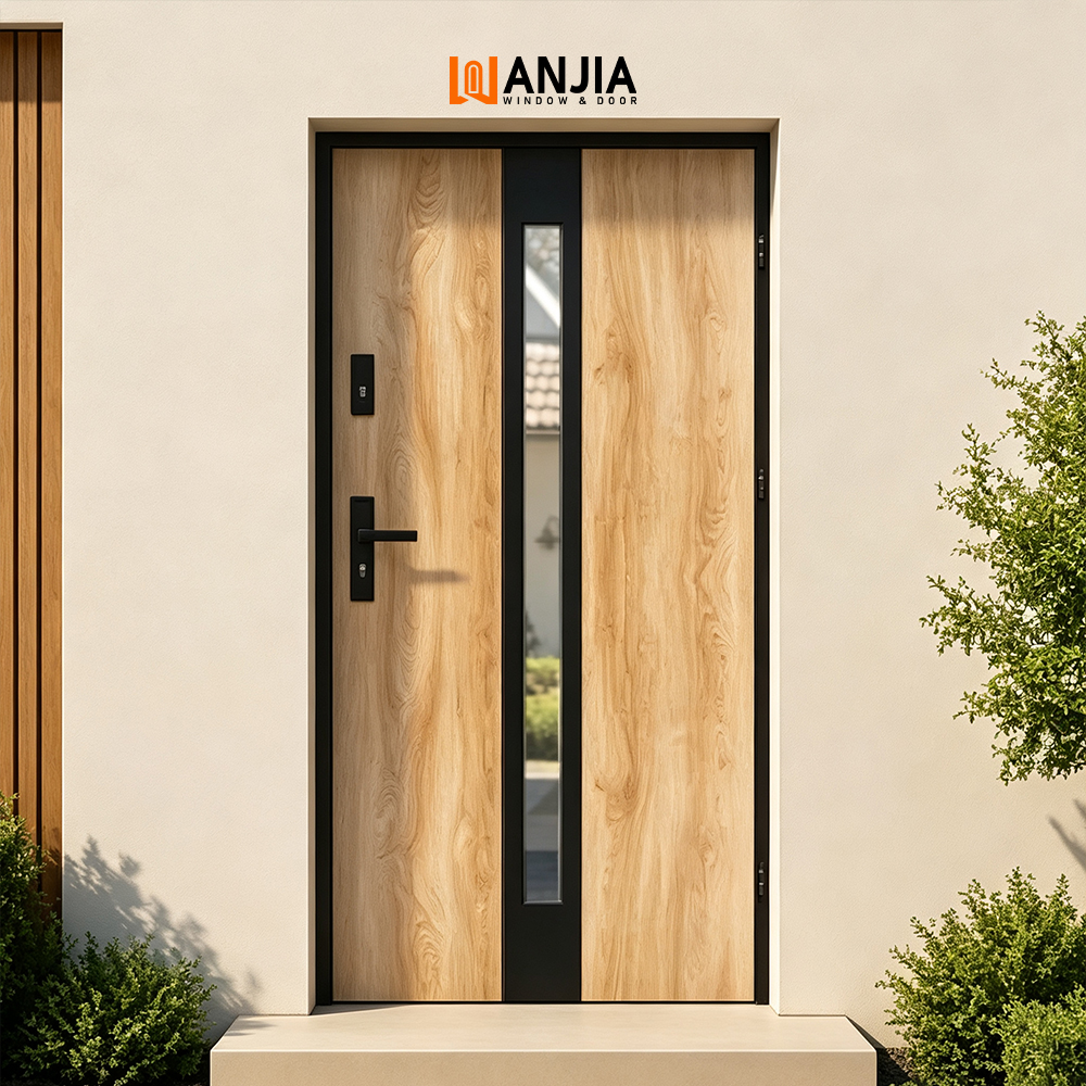 Precision Manufacturing Wood Grain Finish Aluminum Door Glass Inserted Design Front Entry Door Exterior Pivot Door