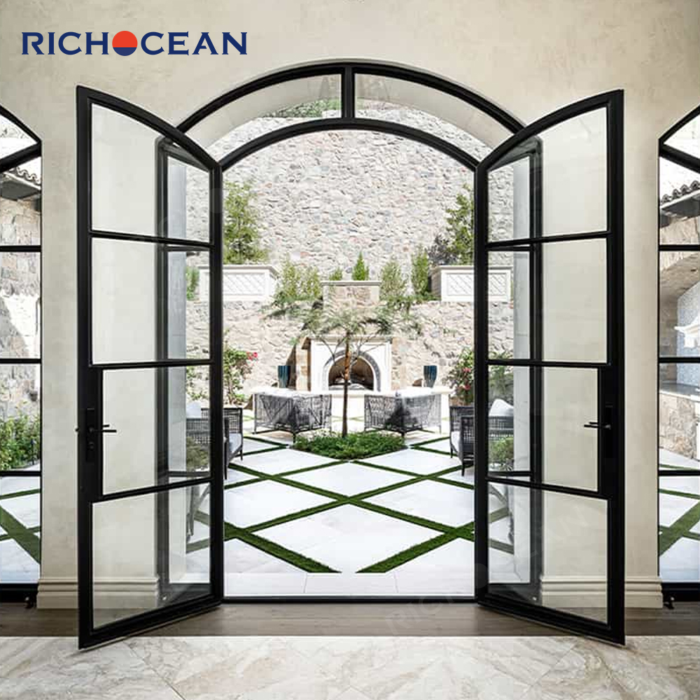 RICHOCEAN Customized Arched Aluminum Framed Swing Glass Door Crittall Style Entrance Metal French Doors for Homes