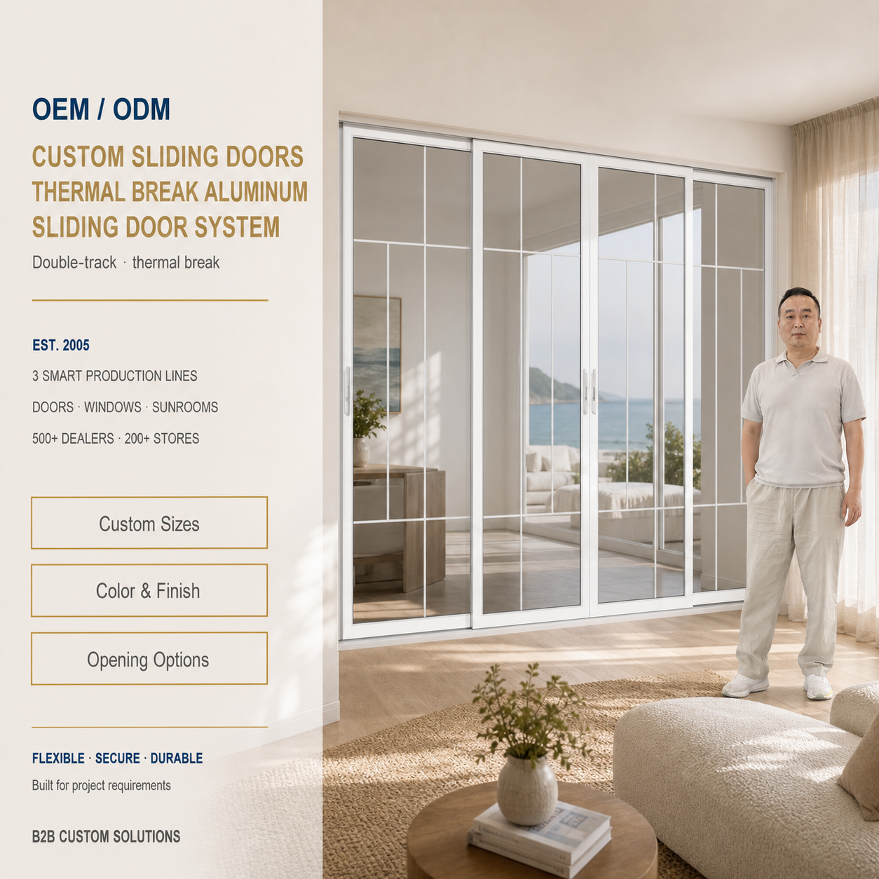 Wood Grain Aluminum Sliding Door Interior Wood Finish Transfer Sliding Glass Door for Living Room Bedroom Classic Design