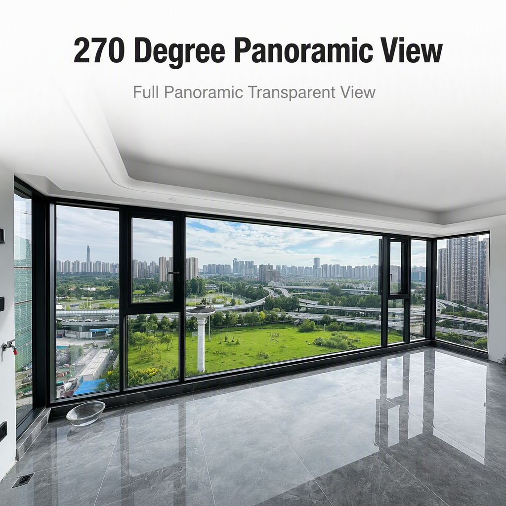 Thermal Break Aluminum Panoramic Corner Window 270 Degree Curved Corner System Window Custom Glass