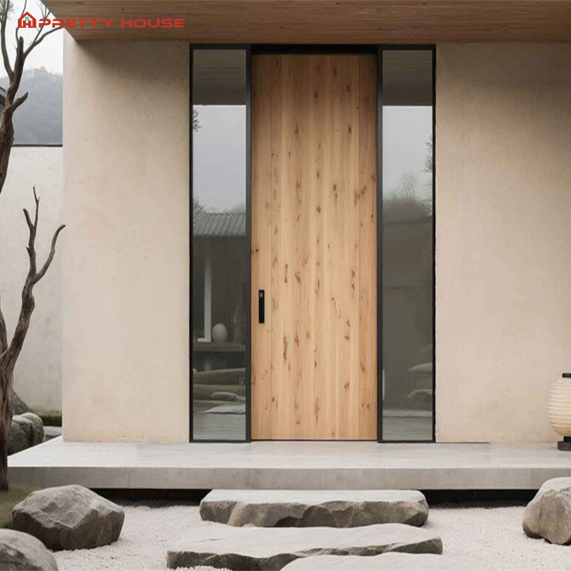Modern Front Pivot Exterior Security Door Stainless Steel Aluminum Waterproof Wooden Grain Glass Push-Pull Hotels Bedrooms