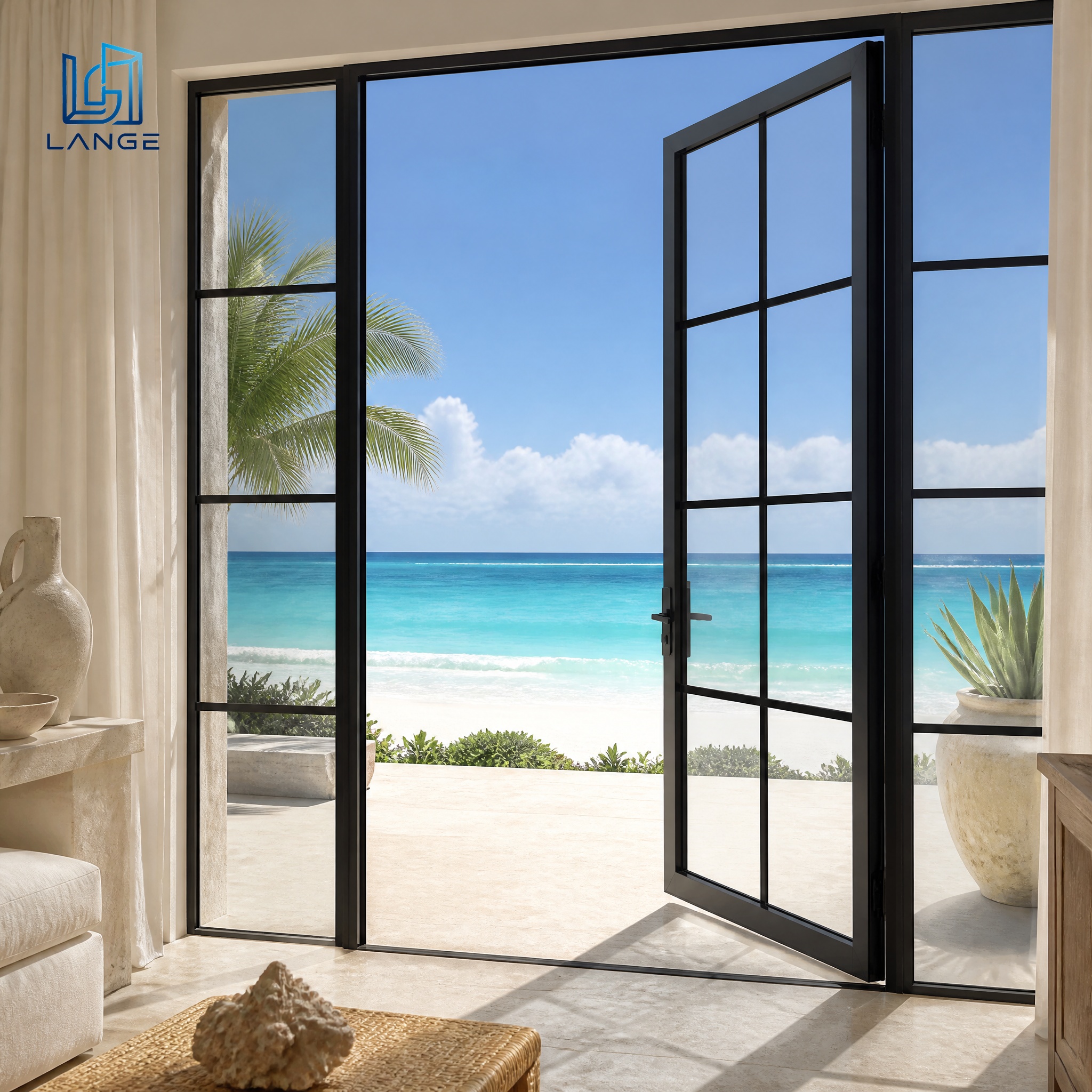 Coastal Grade French Grid Aluminum Door Anti-Corrosion Thermal Break Exterior Swing Glass Doors For Beach Resort Hotel
