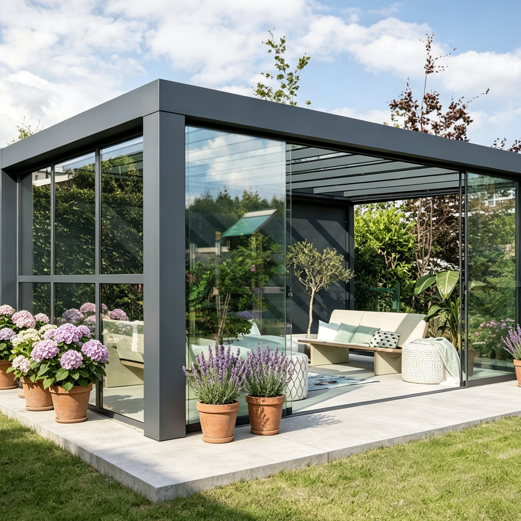 Custom Size Modern Aluminum Glass Sunroom Double Tempered Double Glazed Low-E Glass Flat Roof Panoramic Sliding Garden