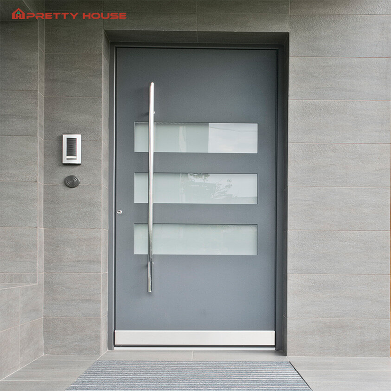 Modern Front Pivot Exterior Security Door Stainless Steel Aluminum Waterproof Wooden Grain Glass Push-Pull Hotels Bedrooms