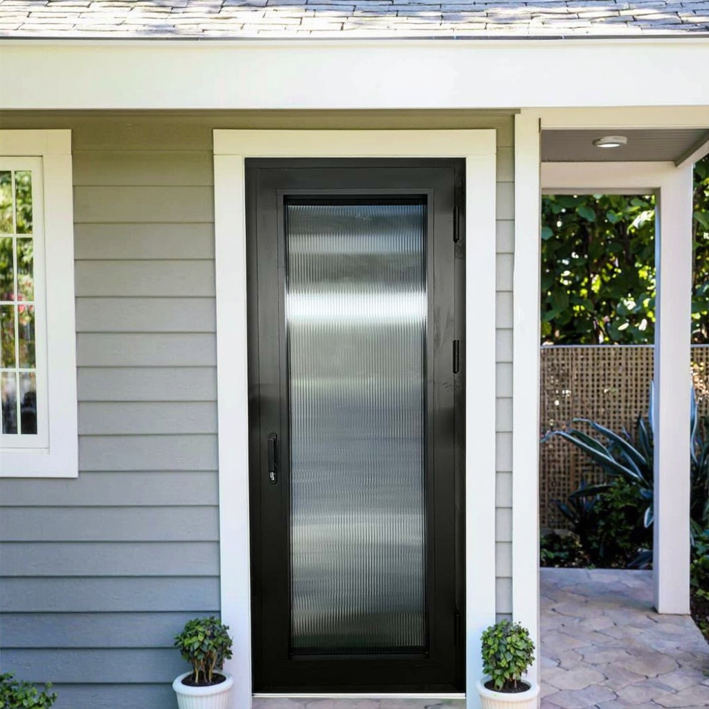 PENJOY Fluted Glass Aluminum Swing Patio Door Windproof With Fiberglass Screen For Garden Courtyard