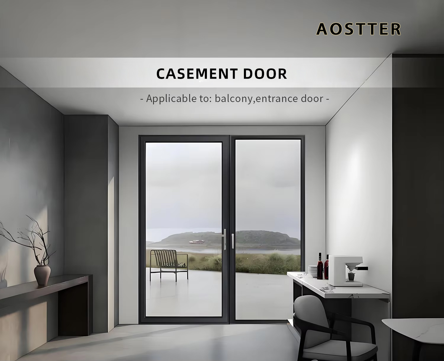 AOSTTER Slimline Aluminum Sliding Door Opaque Safety Glazing Heavy Duty Pivot Hinge Manual Anti-Theft for Hotel Room Washroom