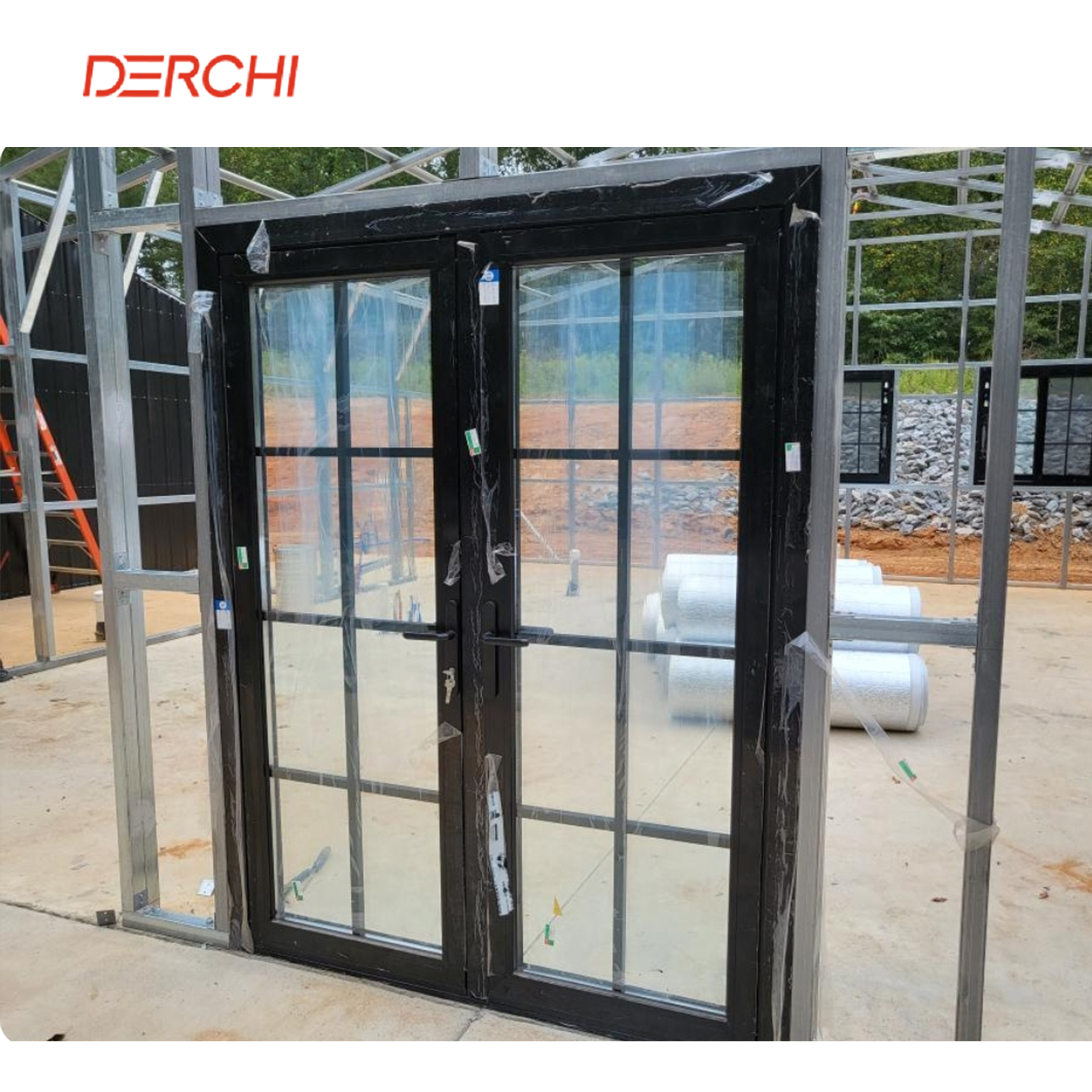 DERCHI NFRC Factory Wholesale Exterior Entry Crittal Door Design Tempered Glass Aluminum French Double Glass Swing Casement Door