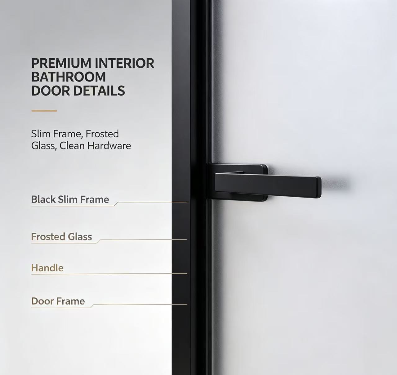 Modern Black Aluminum Framed Frosted Glass Interior Hinged Door Slim Frame Smooth Handle for Bathroom Villa Office