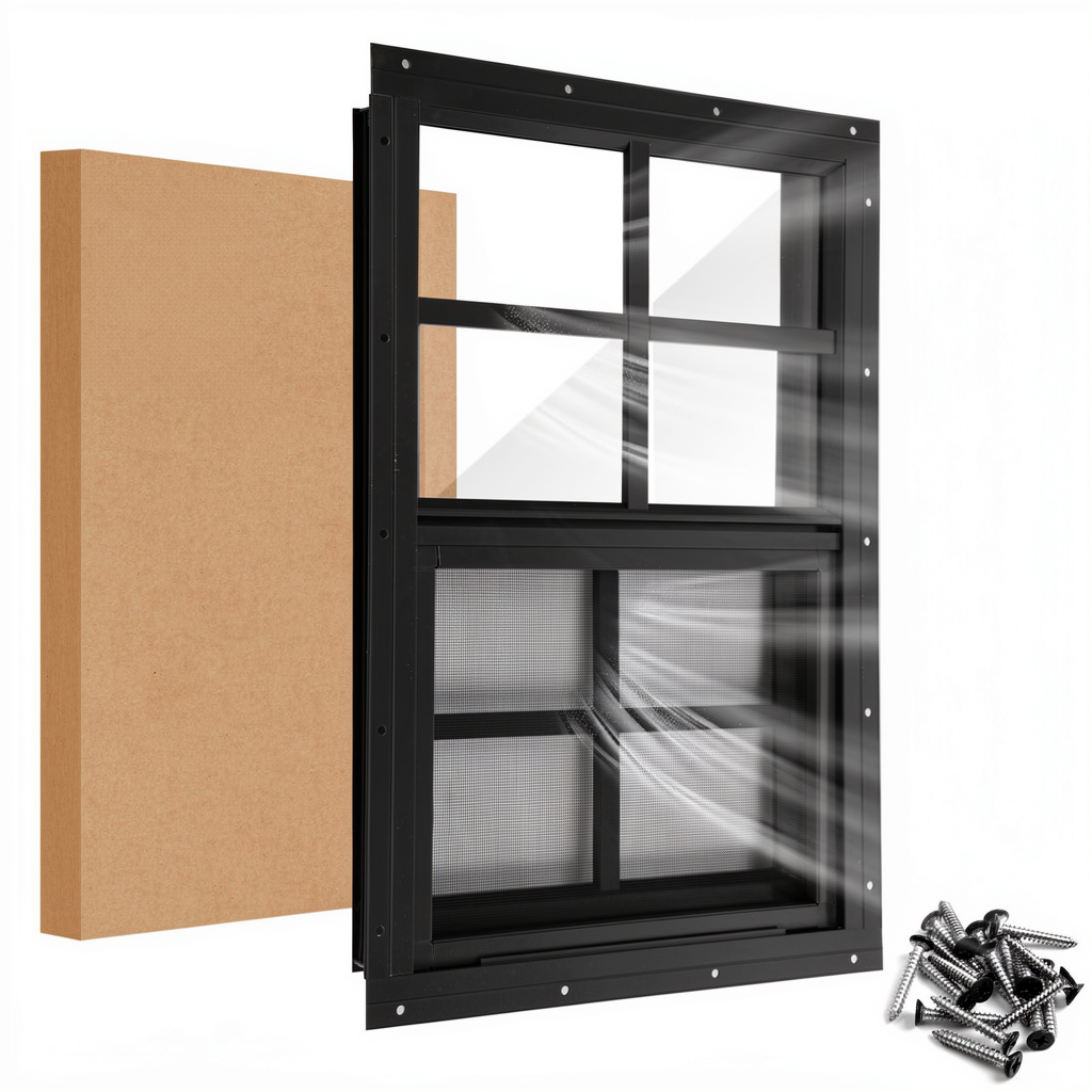 JONRIOX 12" W X 18" H Sliding Shed Window Aluminum Grey Flush Mount Tempered Glass Stainless Steel Screen Postmodern Design for