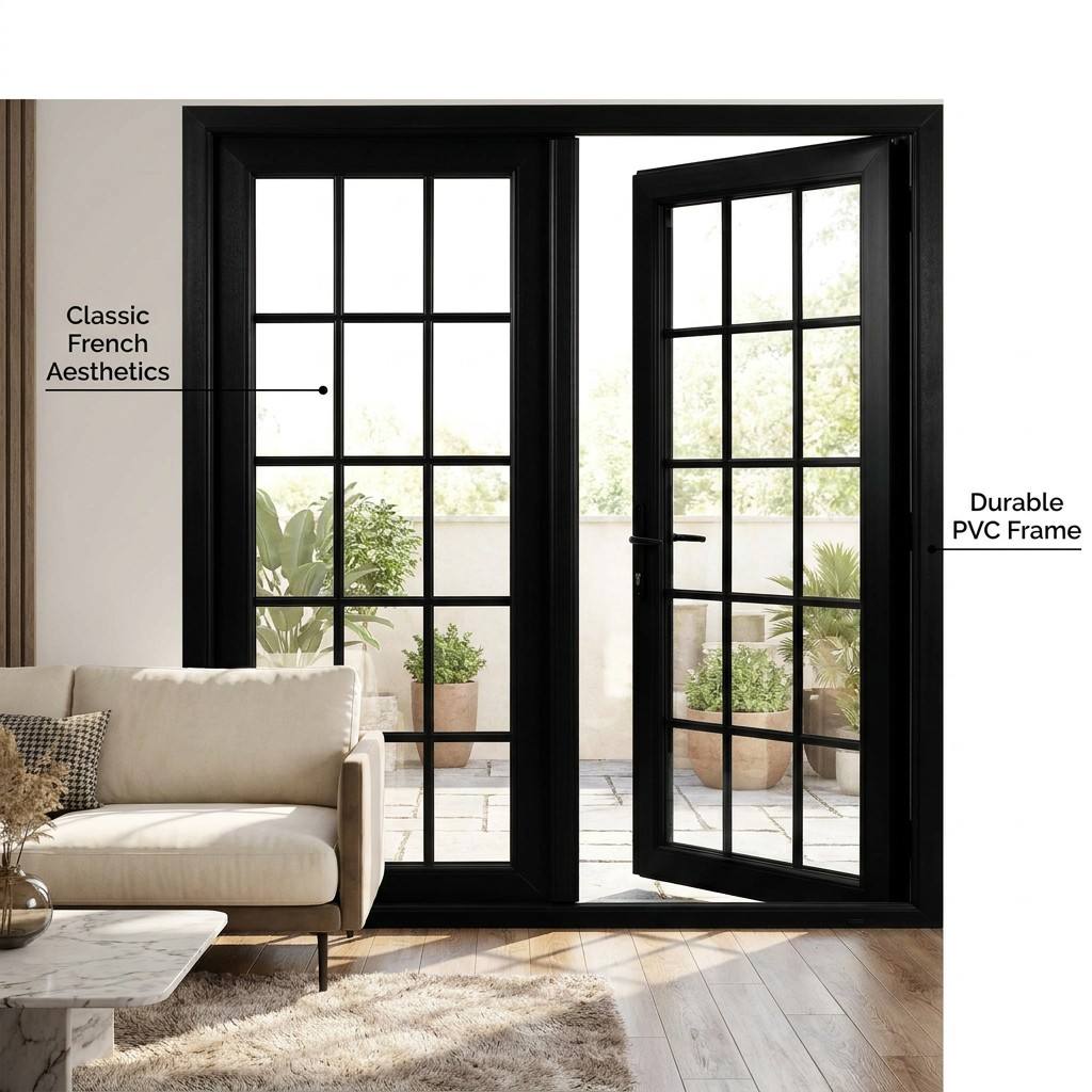 French Grid Aesthetics Pre Finished Black Interior Exterior Durable Aluminum Slim PVC French Door for Modern Home Villa