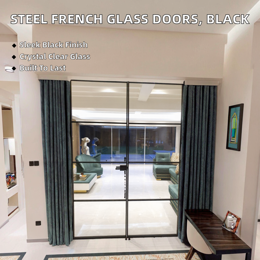 Modern Double Interior Steel French Glass Doors Clear Glass Black Finish For Bathroom Living Room Kitchen Outdoor Use Decoration