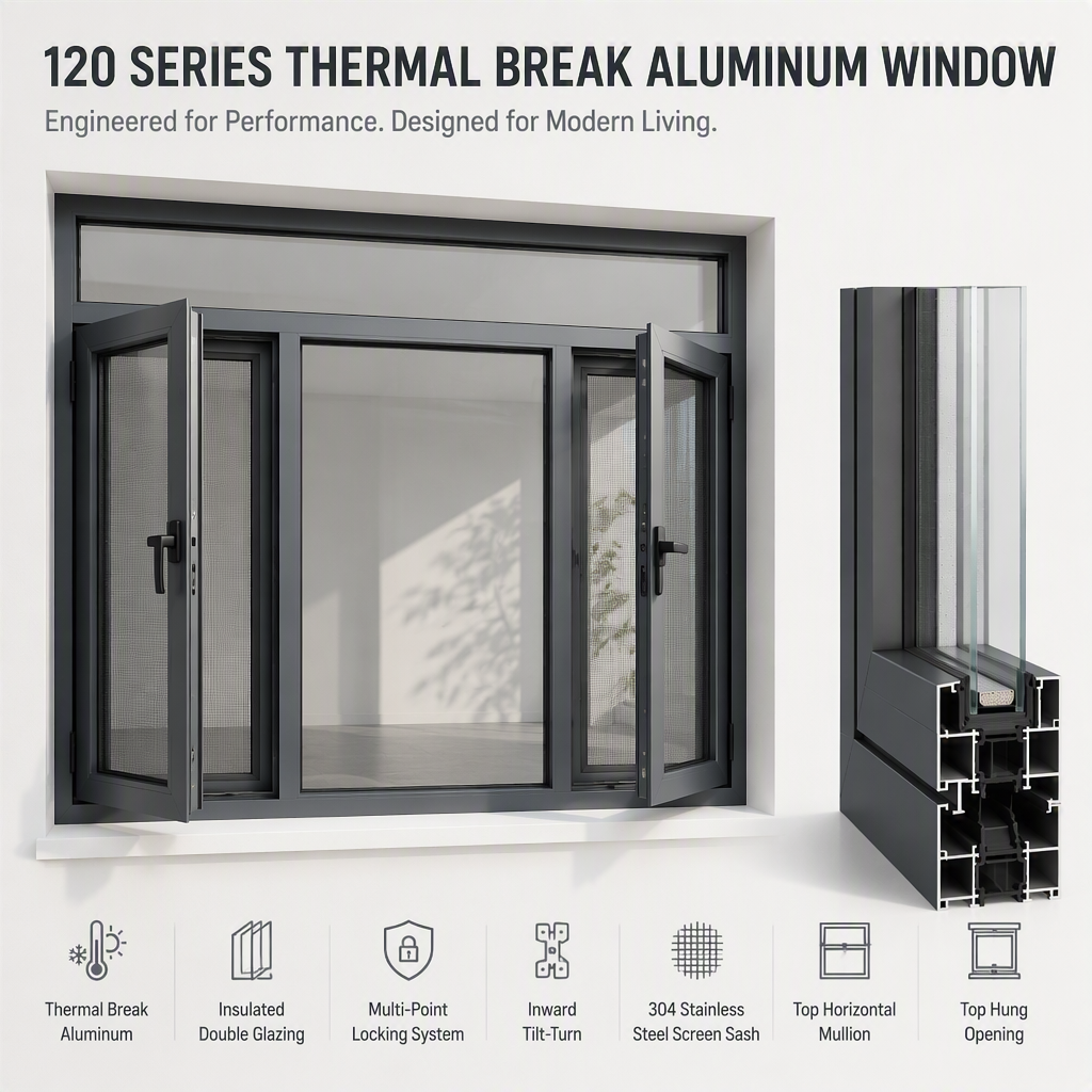 120 Series Casement Window Thermal Break Aluminum Magnesium Alloy Fixed Center Sash Double Side Opening Top Hung Inward Tilt