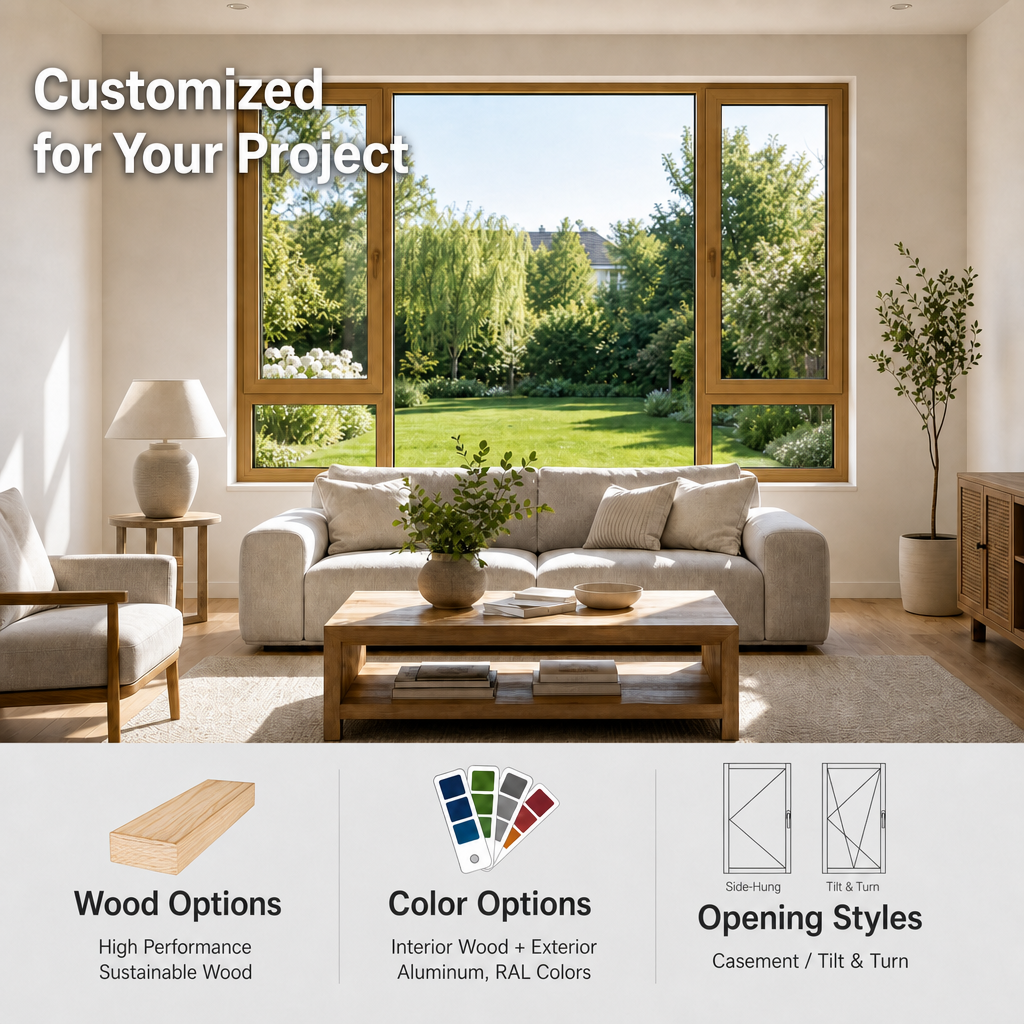 CHAMBROAD Wood Windows Aluminum Clad Outward Opening Triple Glazed Insulated Glass Wind Load Resistant for Coastal Homes
