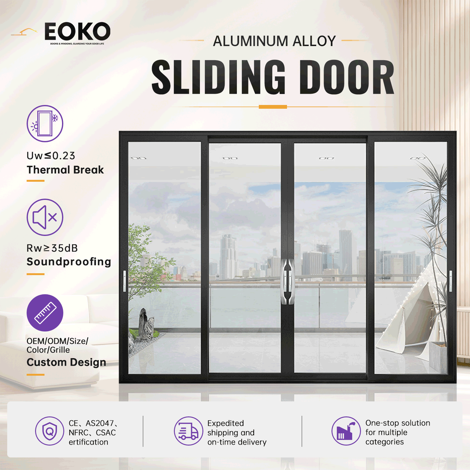 EOKO NFRC Certified Interior Sliding Door Slim Frame Soundproof 35dB Fume Barrier Kitchen Sliding Door for Home Kitchen Dining