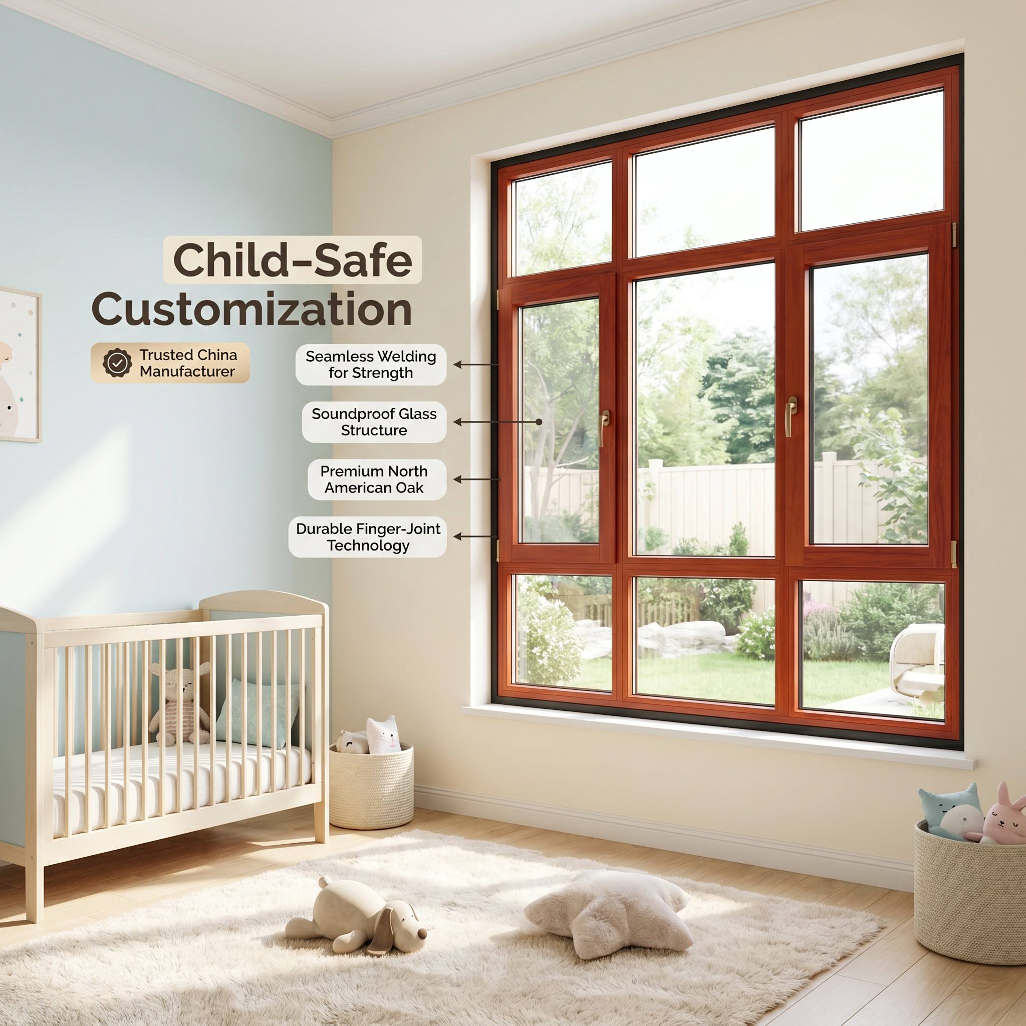 HUACAI Thickness Luxury Aluminum Wood Casement Window German Noto Hardware North American Red Oak Triple Glazed Apartment