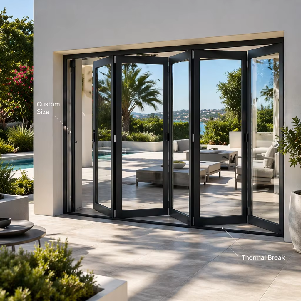 Modern Aluminum Foldable Bi-Fold Doors with Double Glazed Glass Waterproof for Exterior Use in Home Villa Courtyard