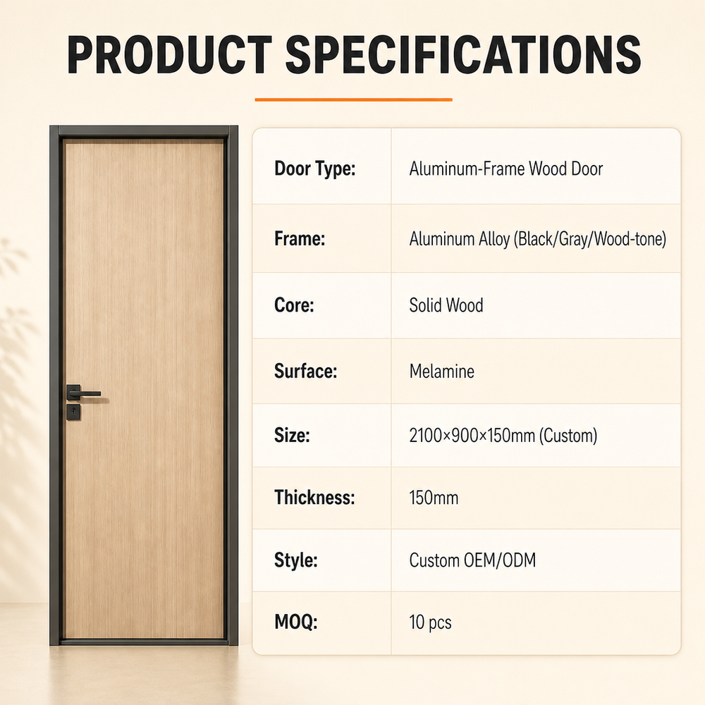 Modern Solid Core Wooden Interior Door Paint-Free Eco-friendly Melamine Faced Board with Aluminum Frame for Hotel