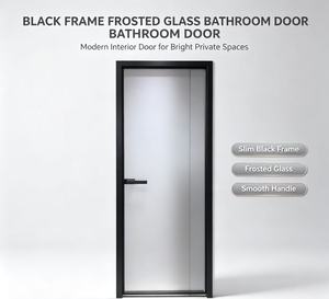 Modern Black Aluminum Framed Frosted Glass Interior Hinged Door Slim Frame Smooth Handle for Bathroom Villa Office