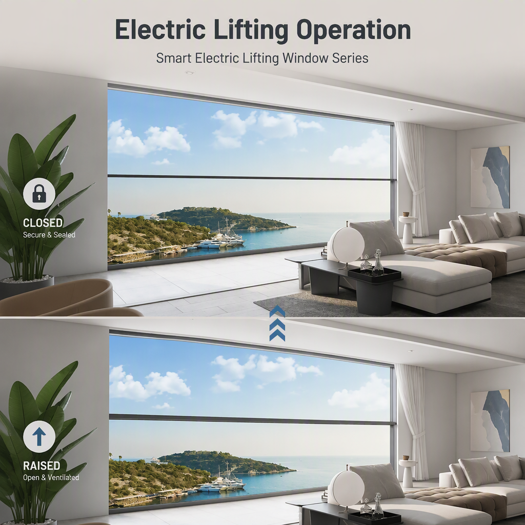 Black Aluminum Alloy Smart Electric Lifting Sliding Window Large Glass Roof Window for House