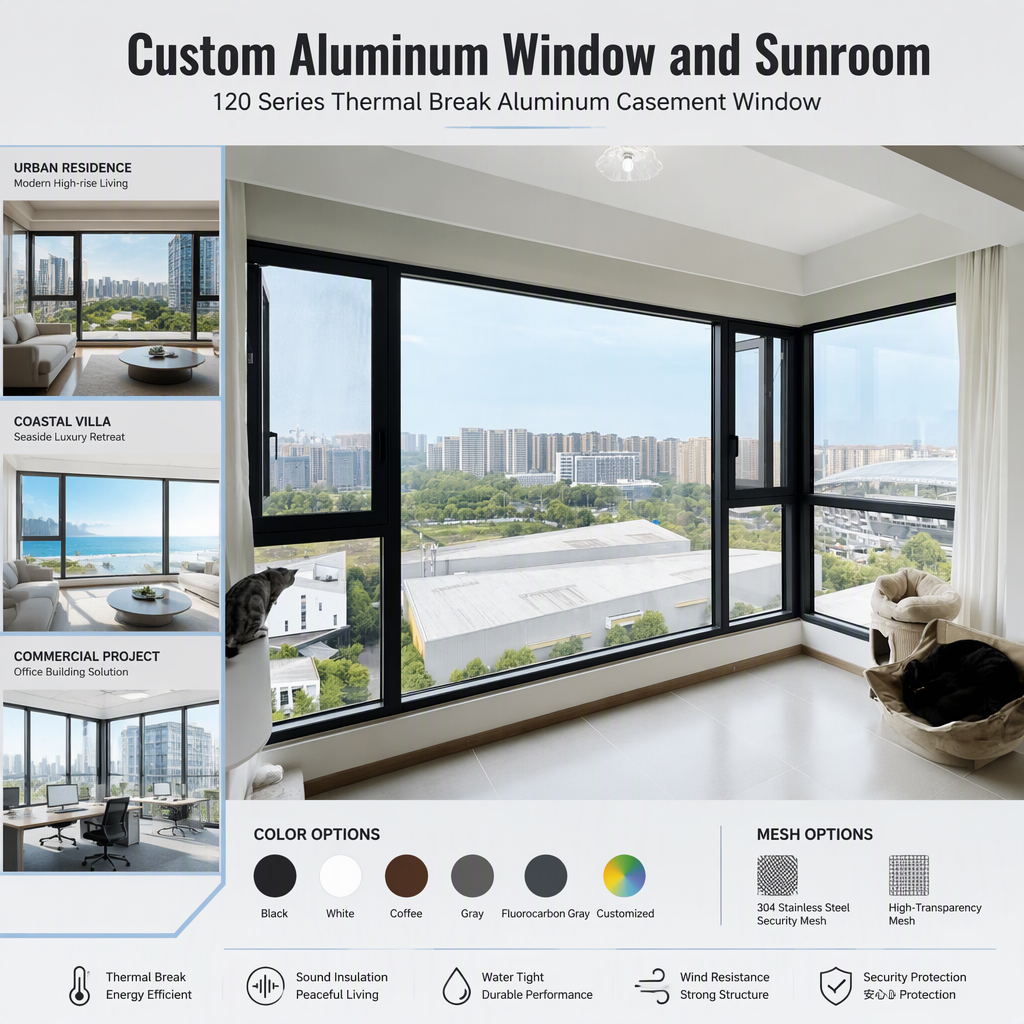 Thermal Break Aluminum Casement Window Sliding Door Panoramic Glass Window Custom Aluminum Window and Sunroom