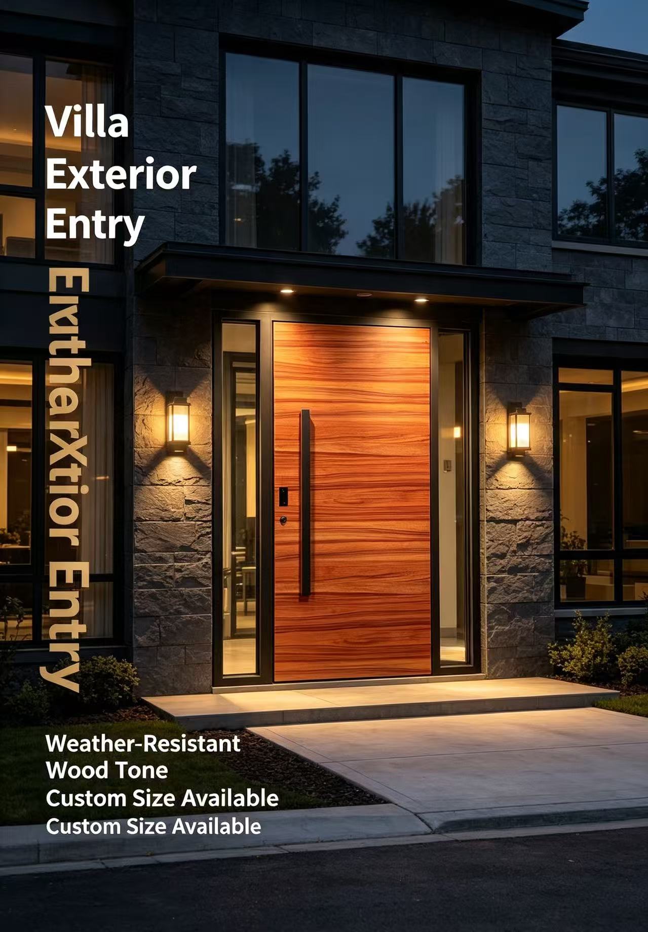 Modern European Design Wood-Grain Aluminum Pivot Entry Door Sidelight Glass Black Metal Frame Apartment Front Anti-Corrosion 5