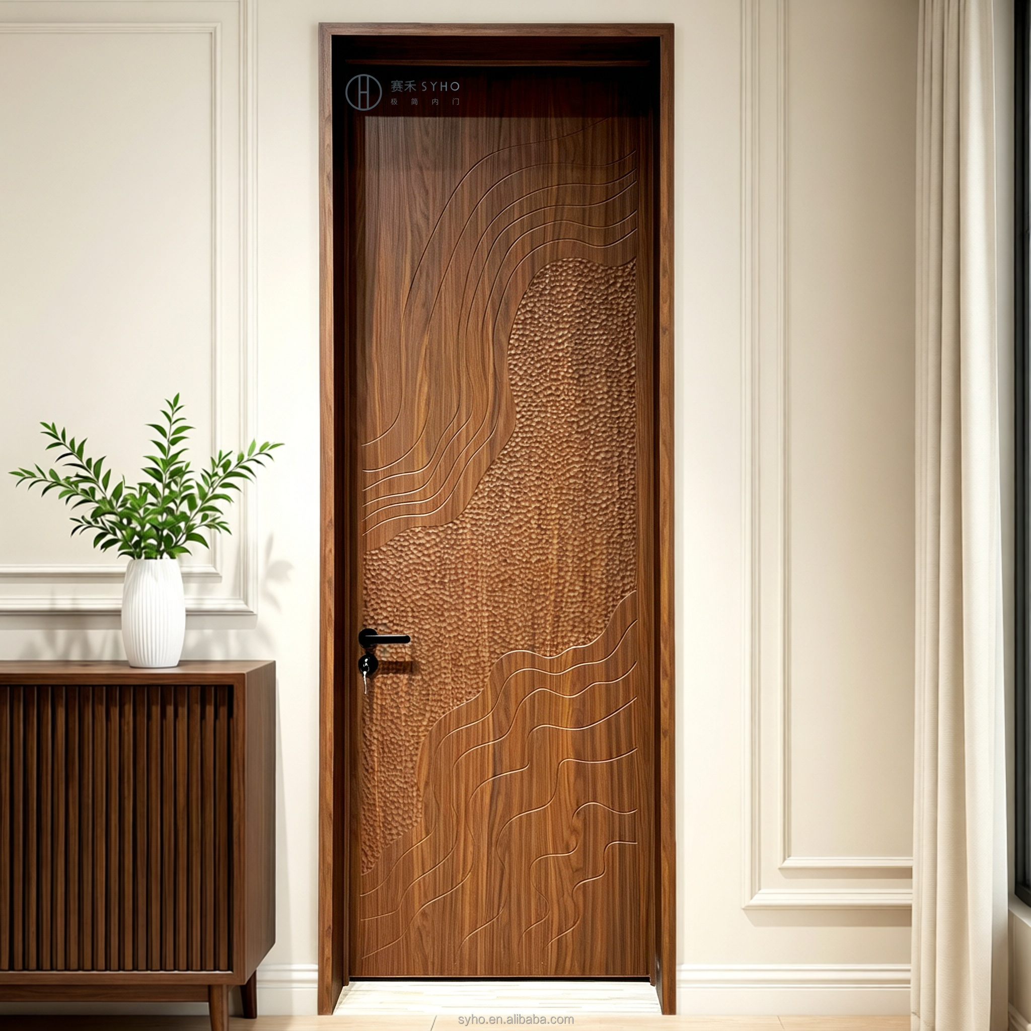 New Chinese Style Carved Aluminum Wood Composite Interior Door Bionic Wood Grain Veneer Factory Custom