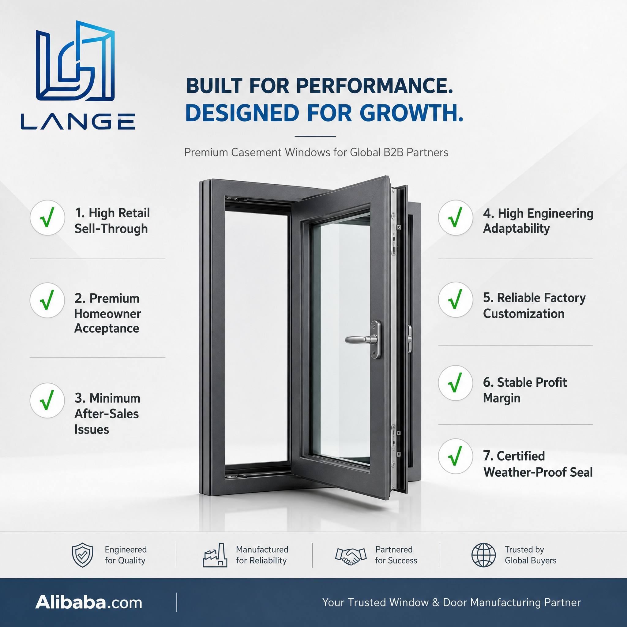 LANGE Modern Aluminum Casement Windows Double Glazed Custom Made Aluminum Window Casement of House