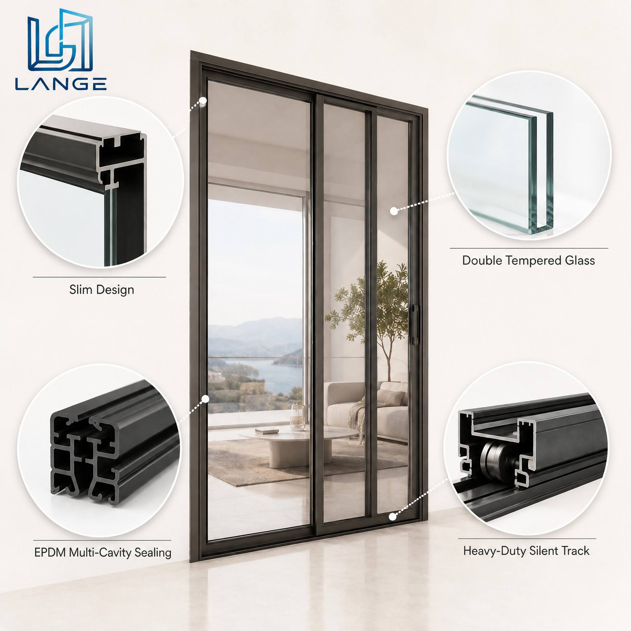 Lange Minimalist Design Heavy Duty Sliding Door Patio Aluminum Door Beautiful Balcony Sliding Glass Doors