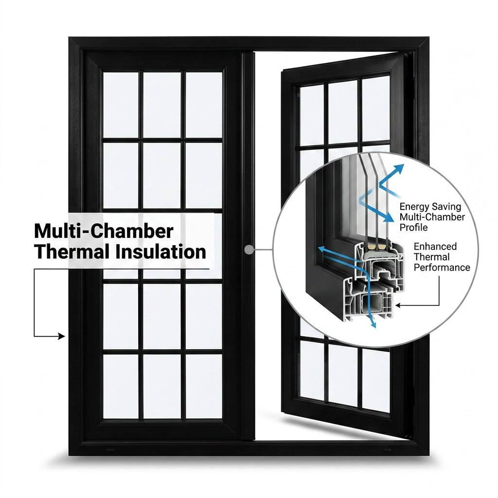 French Grid Aesthetics Pre Finished Black Interior Exterior Durable Aluminum Slim PVC French Door for Modern Home Villa