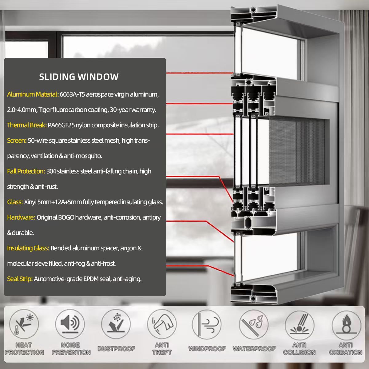 Wholesale Price Windows for Houses NFRC AS2047 Porch Windows for Office Complexes Aluminum Sliding Window