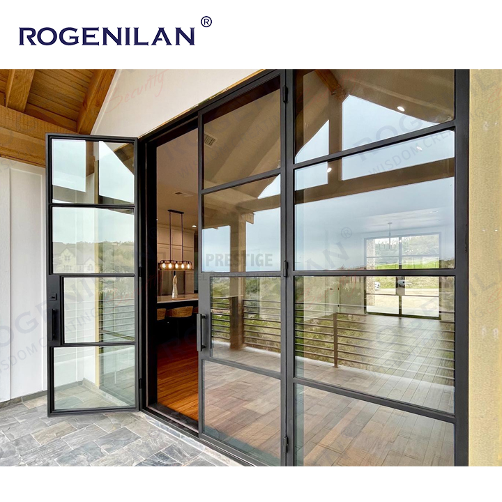 Rogenilan Custom Aluminum Crittal Double Door Waterproof Grill Vintage Tempered Glass Hinge Doors for House