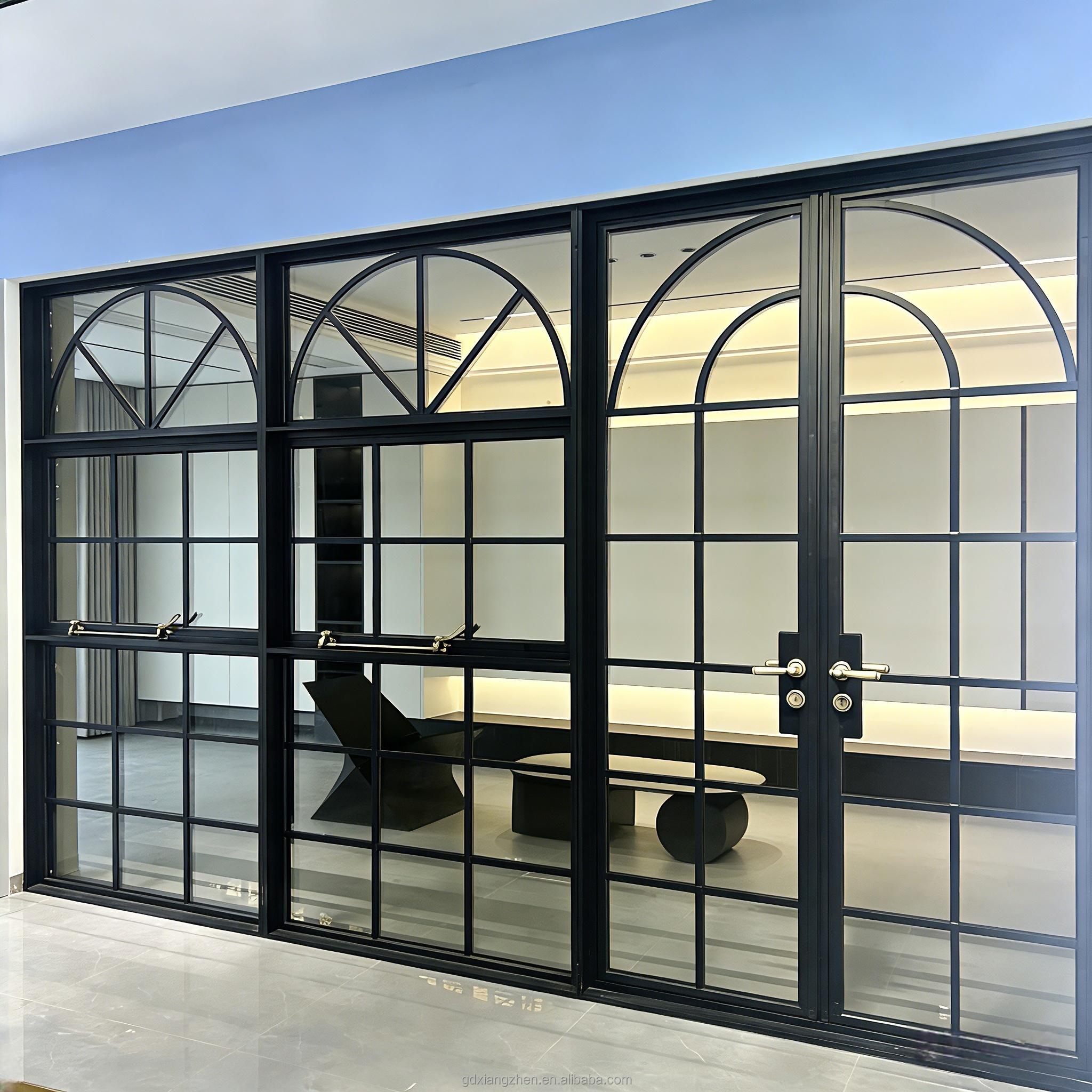 French Style Black Aluminum Double Door Grille Arched Top Design Energy Efficient Interior Casement Door for Villa Living Room
