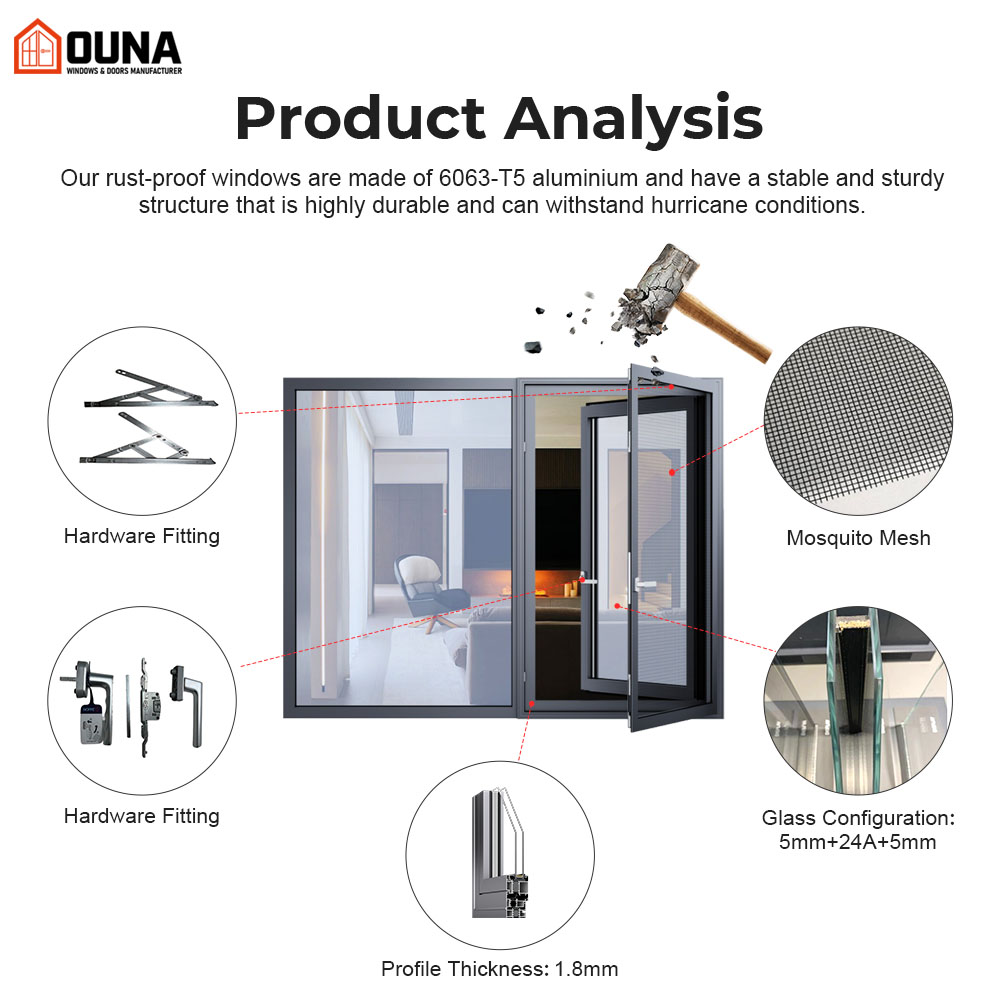 OUNA Customized Modern Swing Aluminum Casement Window Low-E Tempered Double Glass Thermal Break Hurricane Impact Proof