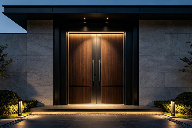 Renovated home entrance with a new modern entry door