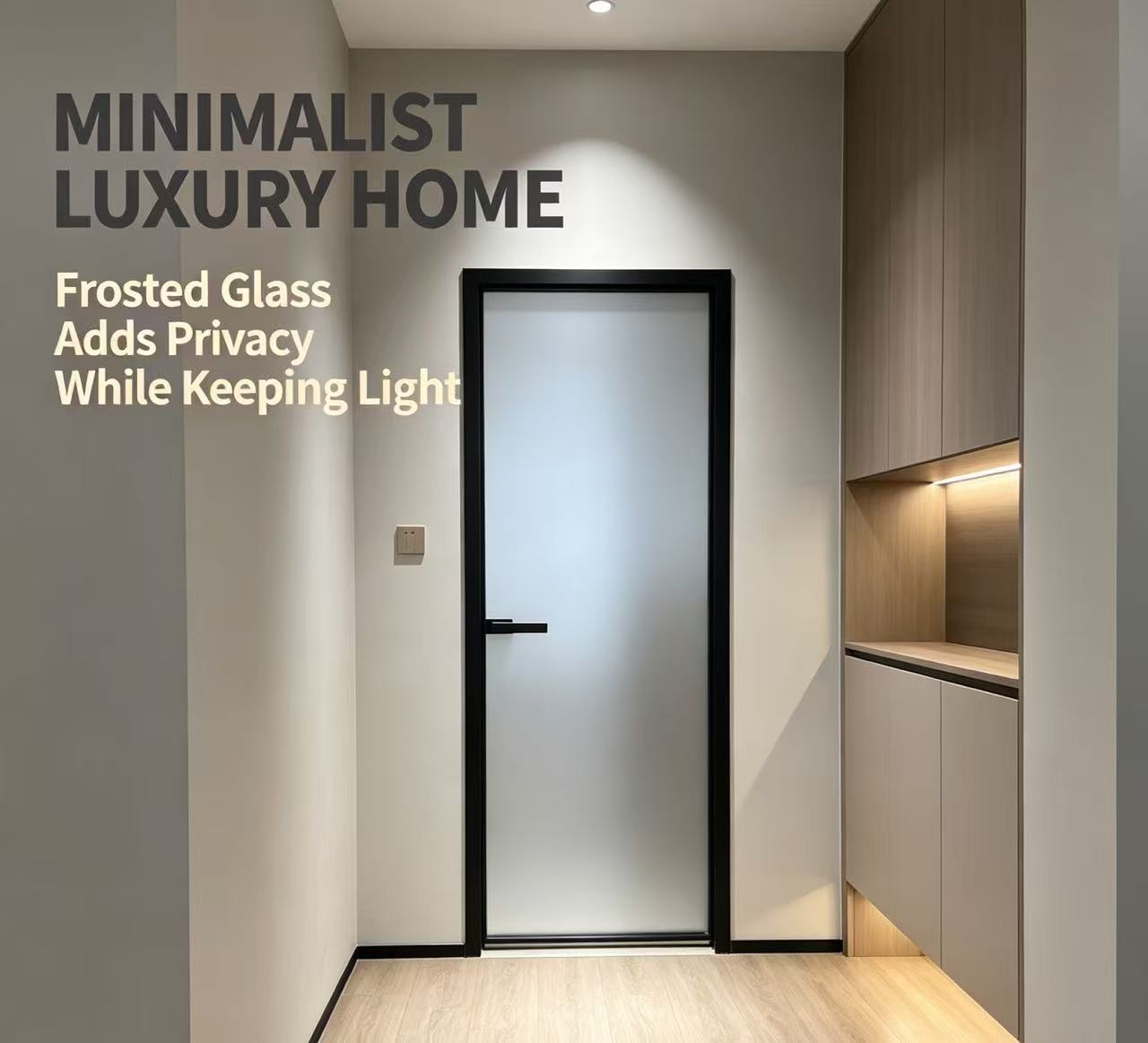 Modern Black Aluminum Framed Frosted Glass Interior Hinged Door Slim Frame Smooth Handle for Bathroom Villa Office