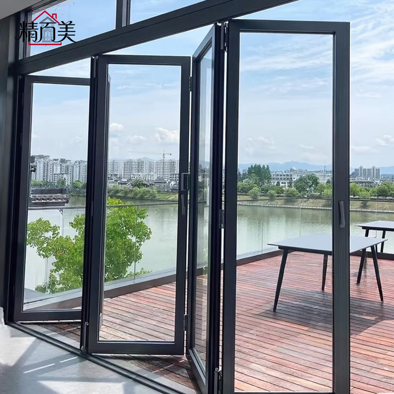 Custom Glass Options Multi Panel Aluminum Folding Door Champagne Frame for Dining Bakery Bistro Food Court Shop Front Entrance