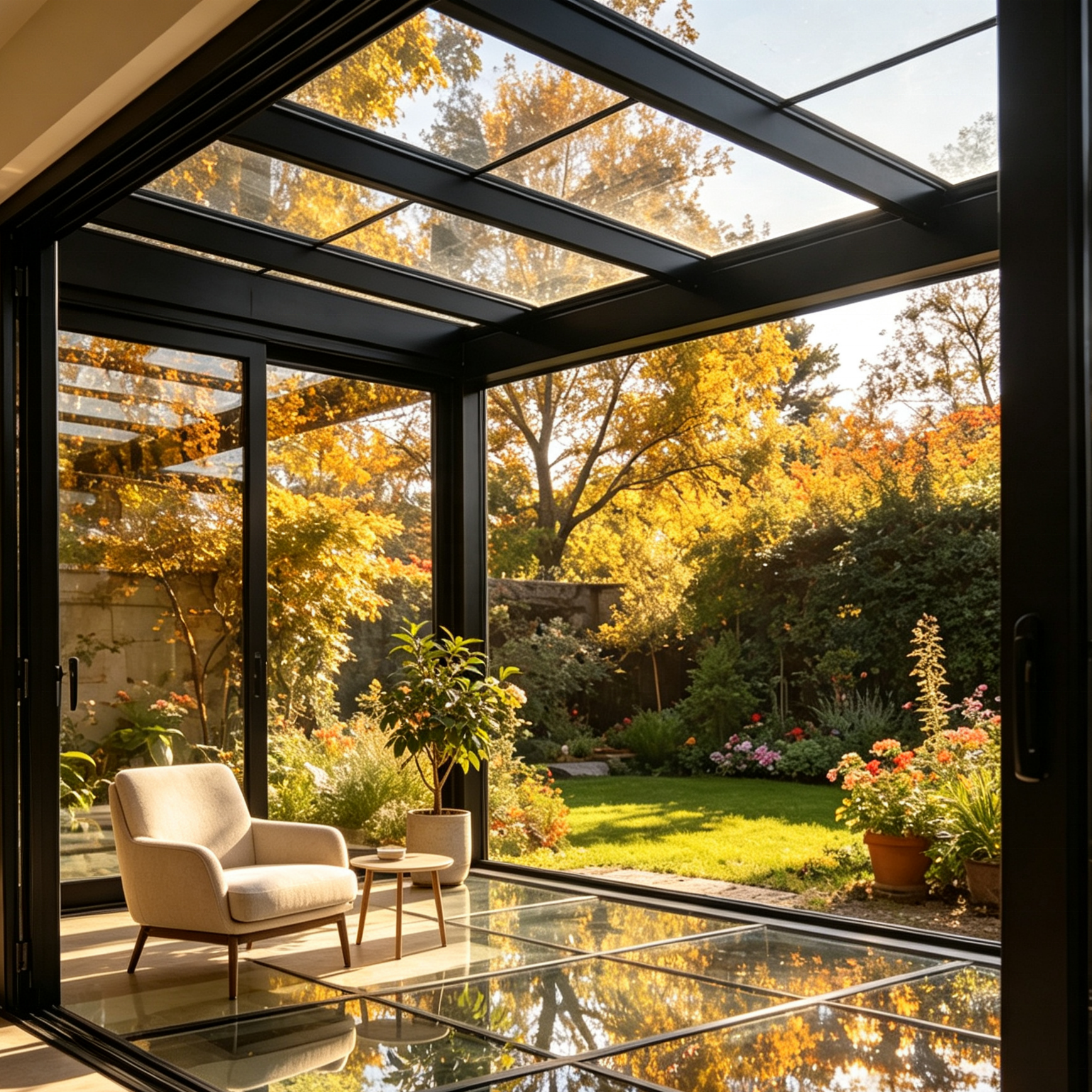 Custom Size Modern Aluminum Glass Sunroom Double Tempered Double Glazed Low-E Glass Flat Roof Panoramic Sliding Garden